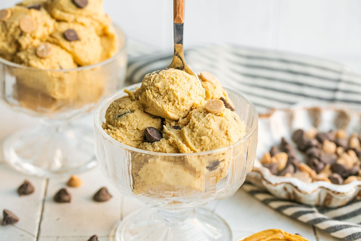 straight on shot of spoon in cookie dough