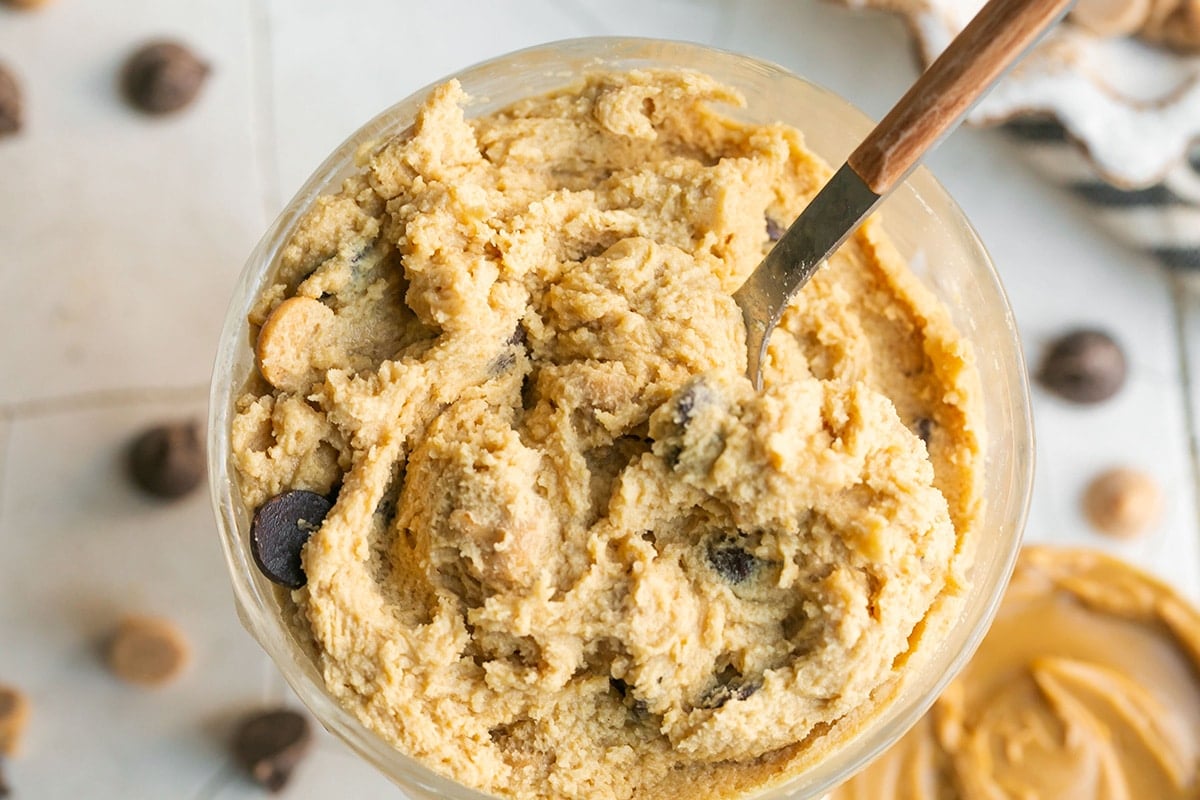 overhead shot of spoon in peanut butter cookie dough