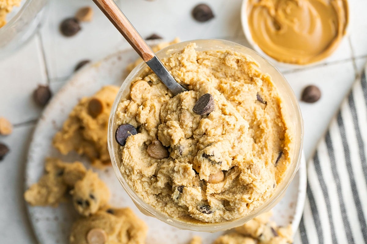 spoon in bowl of cookie dough