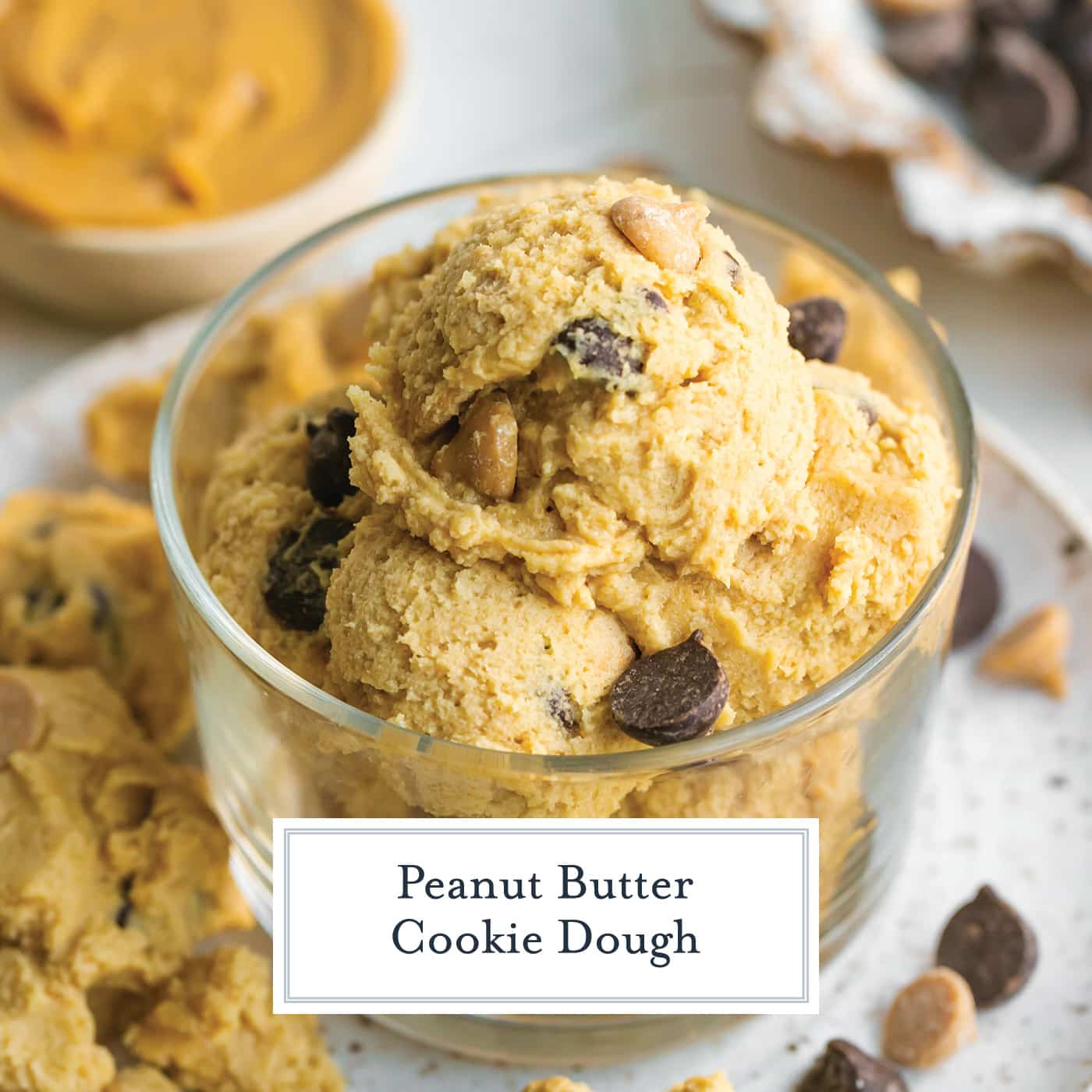 jar of peanut butter cookie dough with text overlay for facebook