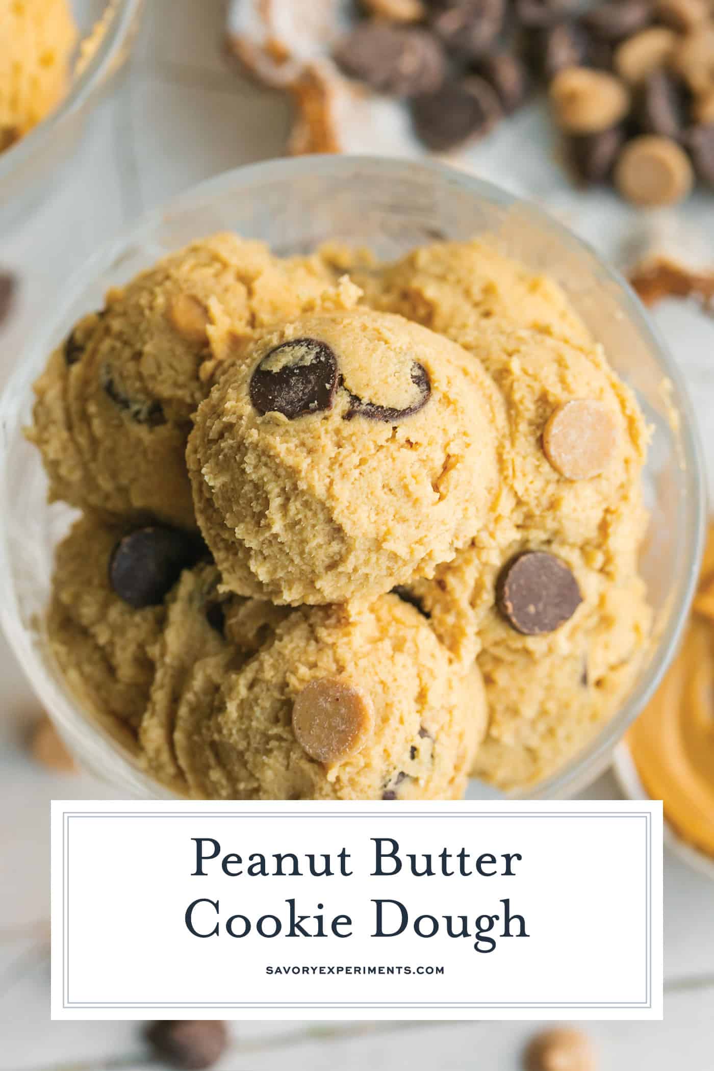 overhead shot of single serve peanut butter cookie dough with text overlay for pinterest