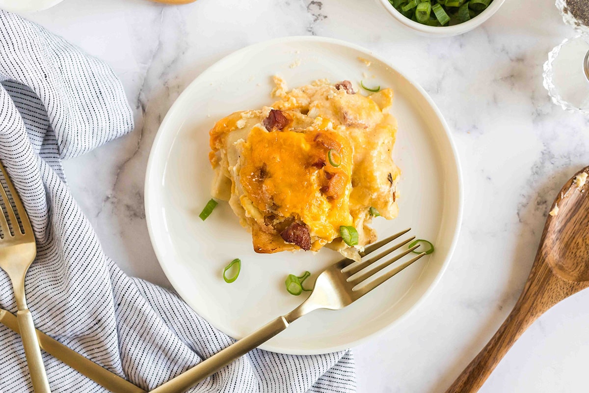 overhead shot of pierogi casserole on a plate