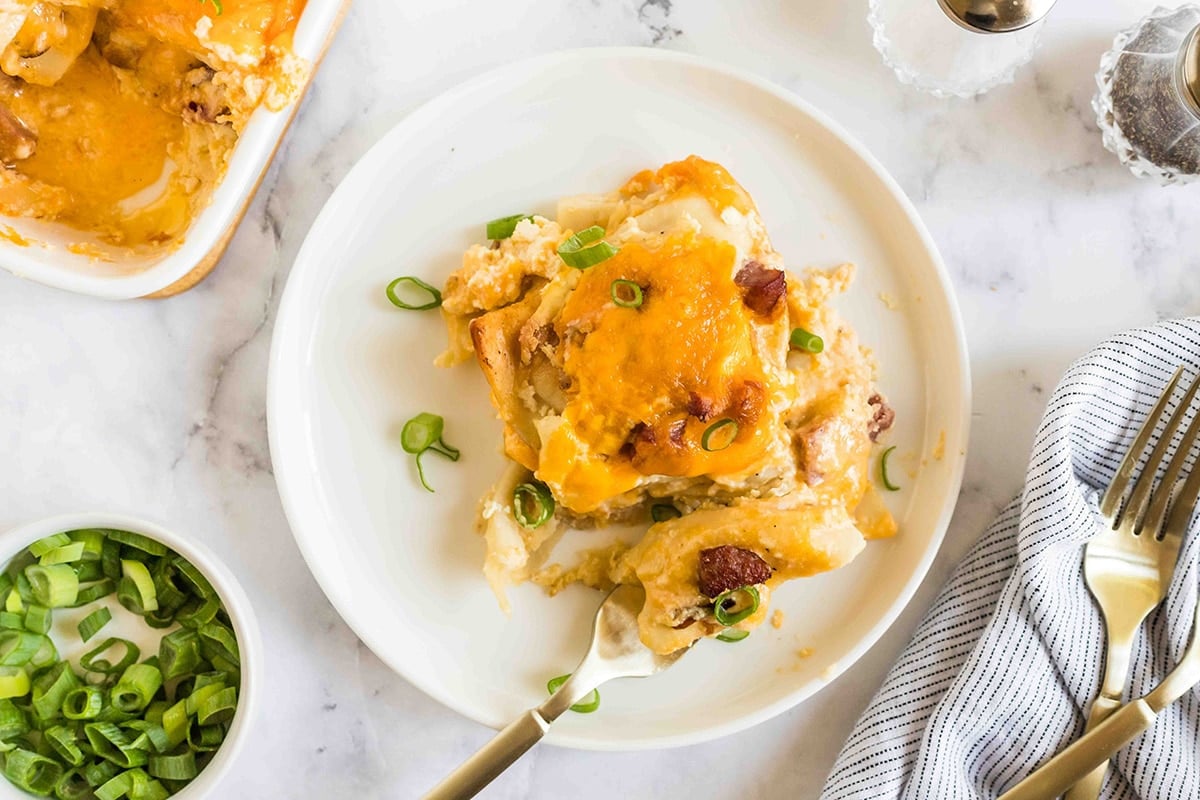 close up of pierogi casserole on plate