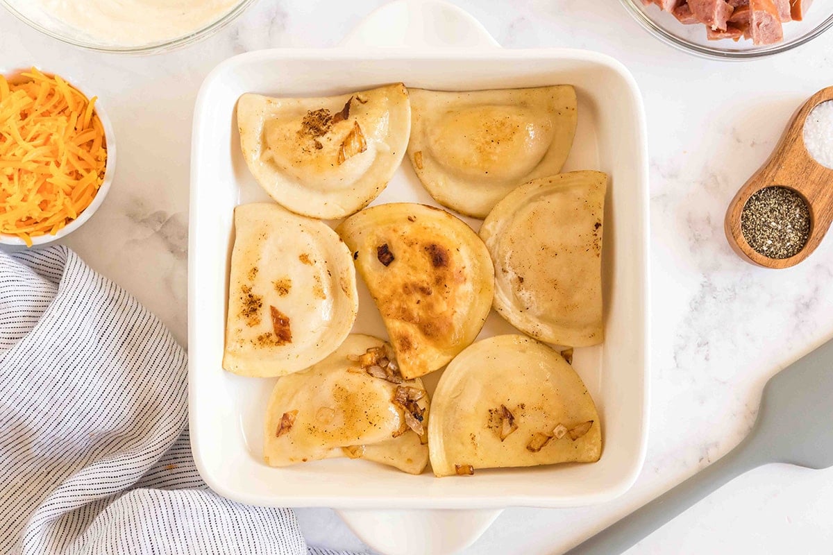 pierogies in bottom of pan