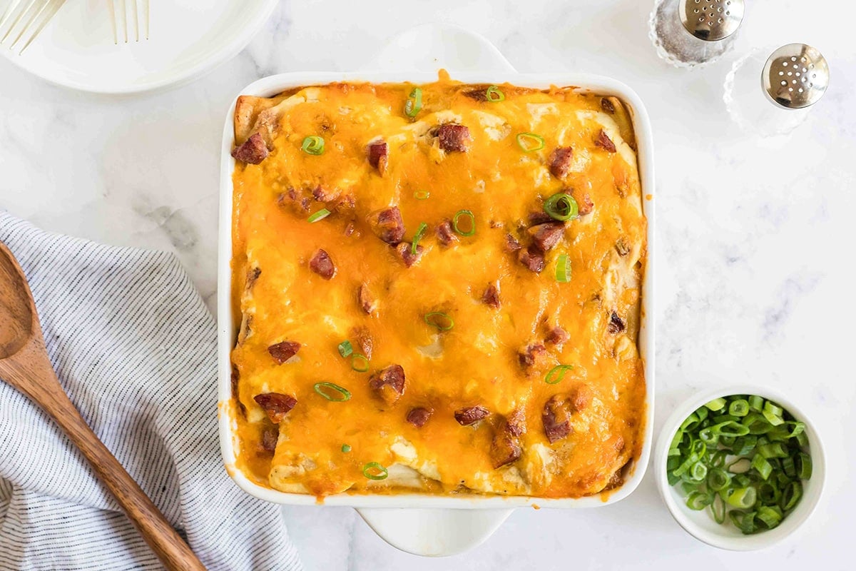 overhead shot of baked pierogi casserole