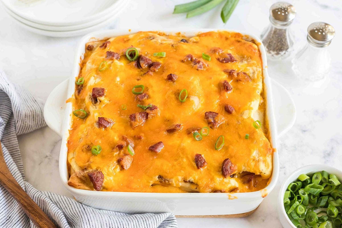 angled shot of cheesy casserole