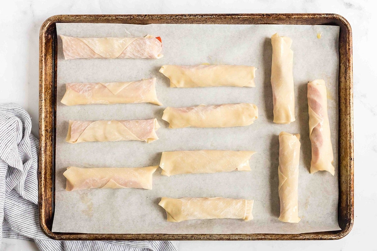 pizza egg rolls on sheet pan