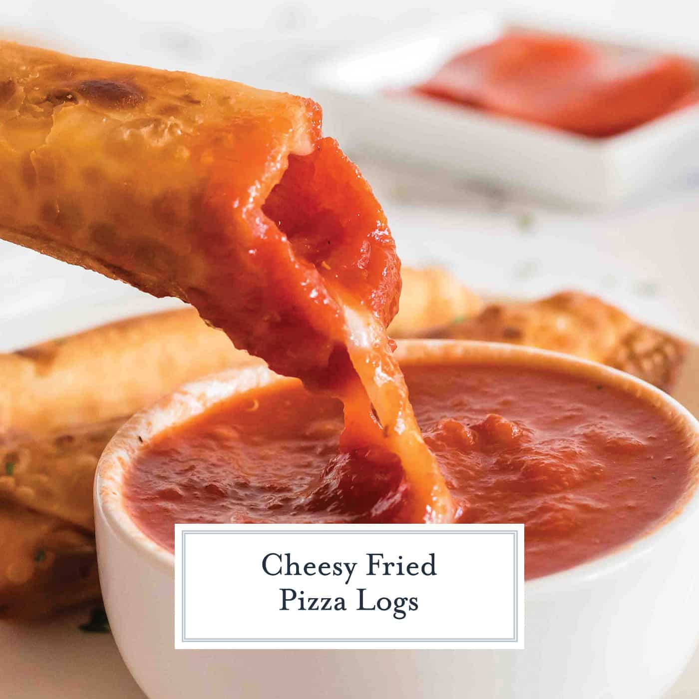 close up of pizza log dipped into sauce with text overlay for facebook