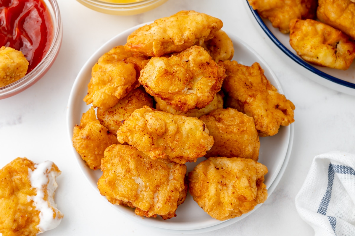 overhead shot of plate of popcorn chicken