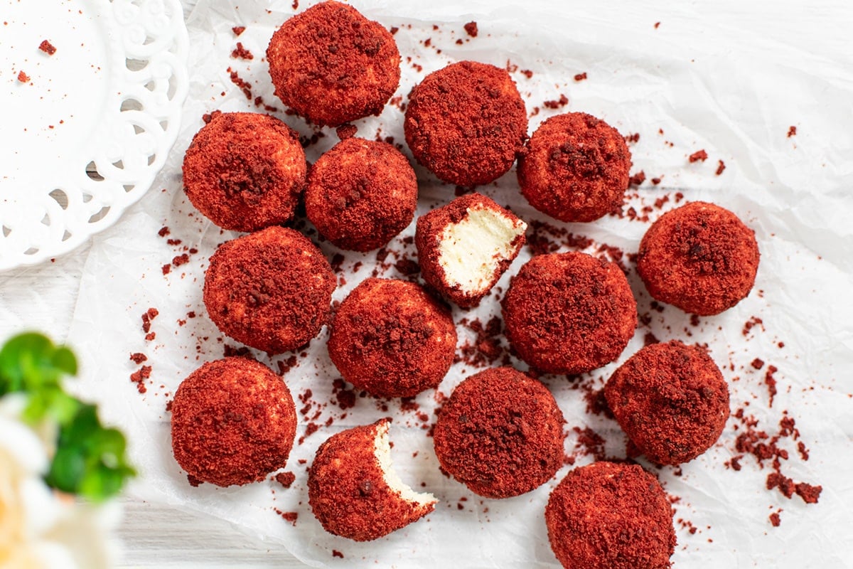 overhead shot of red velvet cheesecake bites