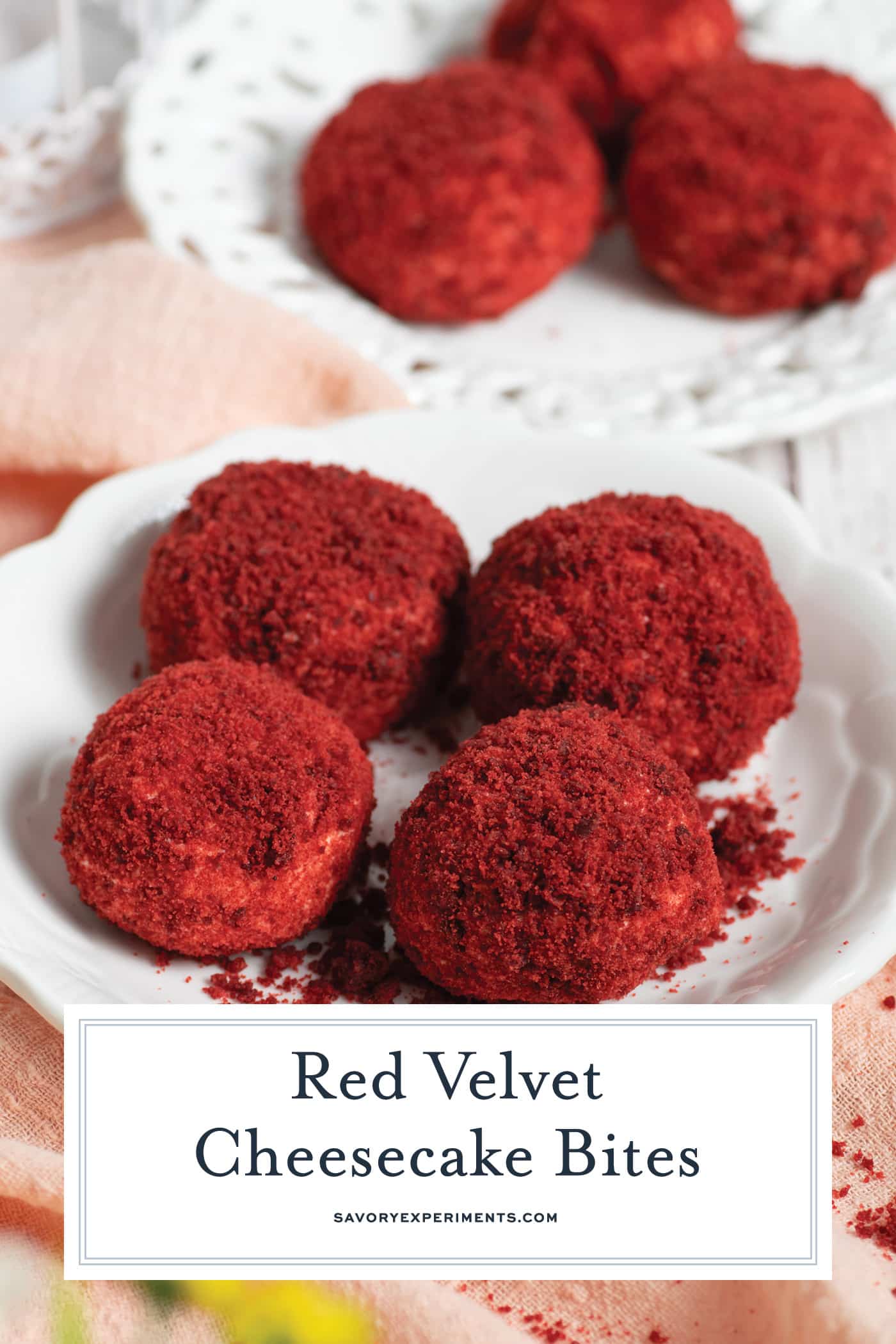 four red velvet cheesecake bites on a plate with text overlay for pinterest
