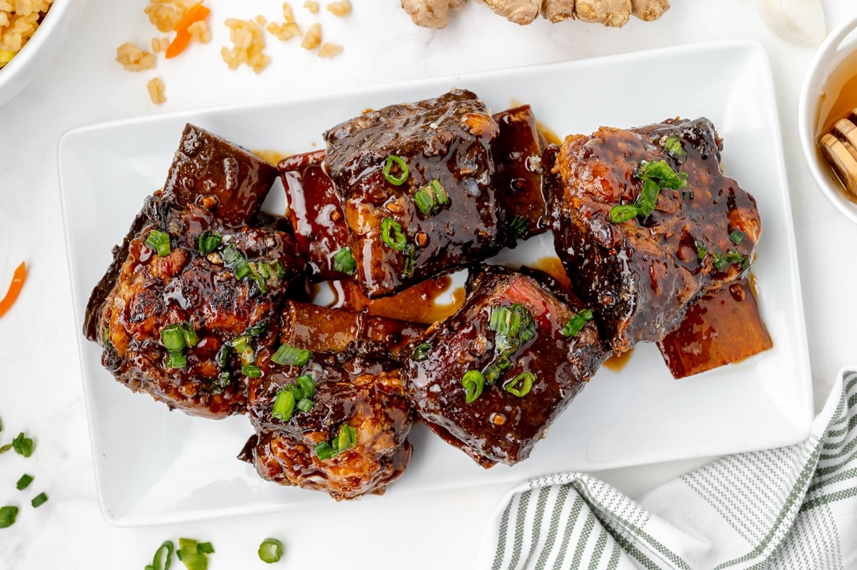 overhead shot of platter of honey ginger short ribs