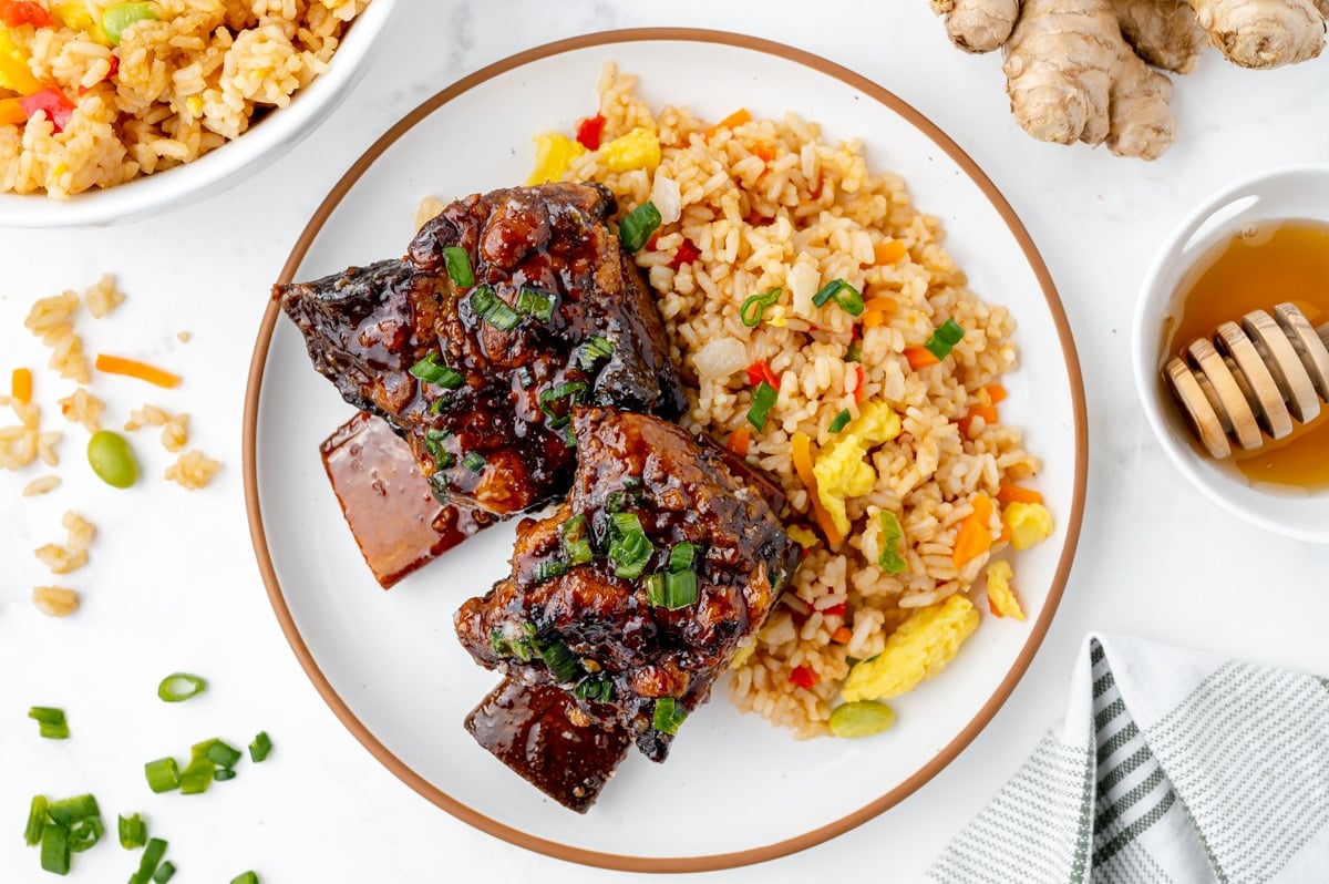 overhead shot of two short ribs on a plate with rice