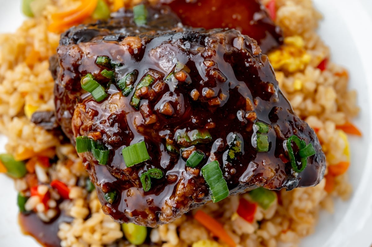 close up of honey ginger short rib on rice