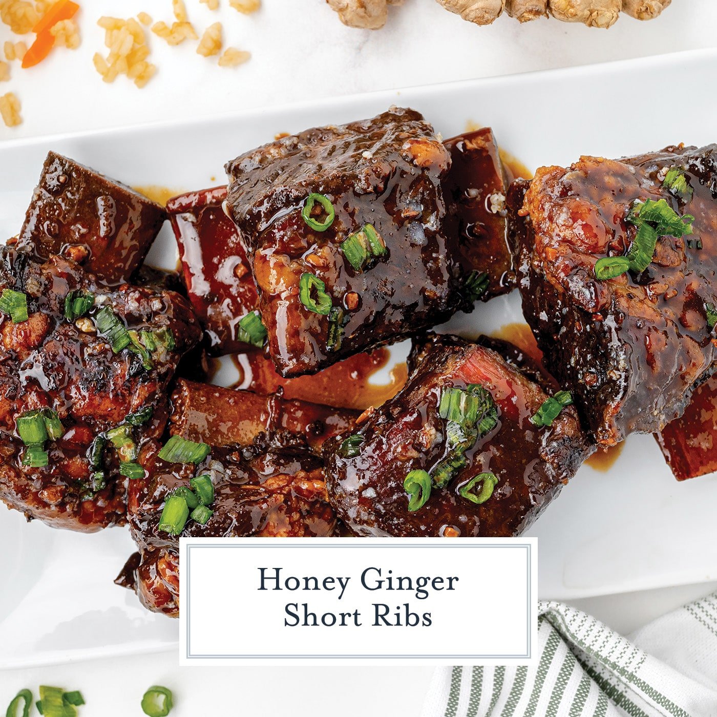 overhead shot of platter of honey ginger short ribs with text overlay for facebook