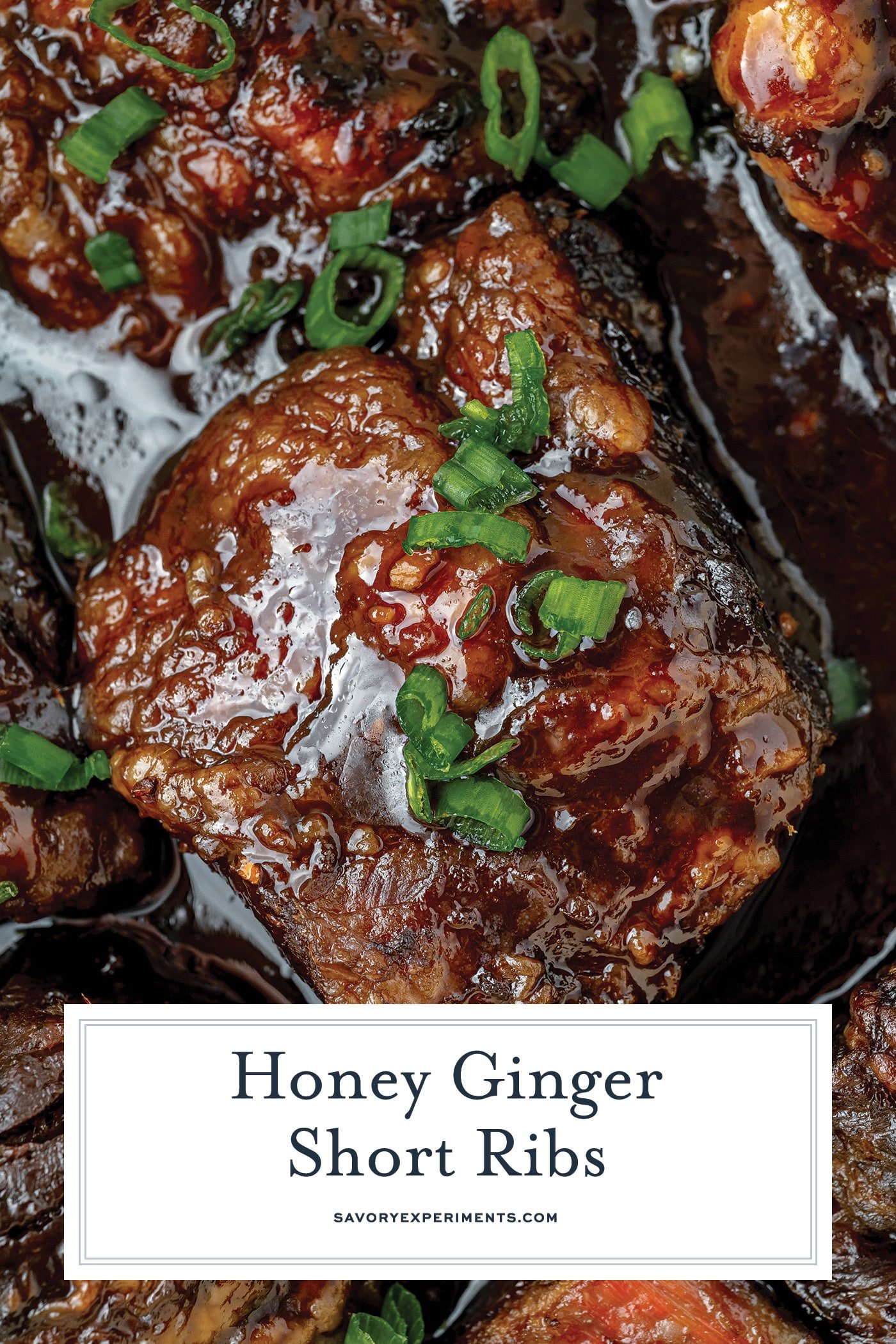 close up of honey ginger short ribs with text overlay for pinterest