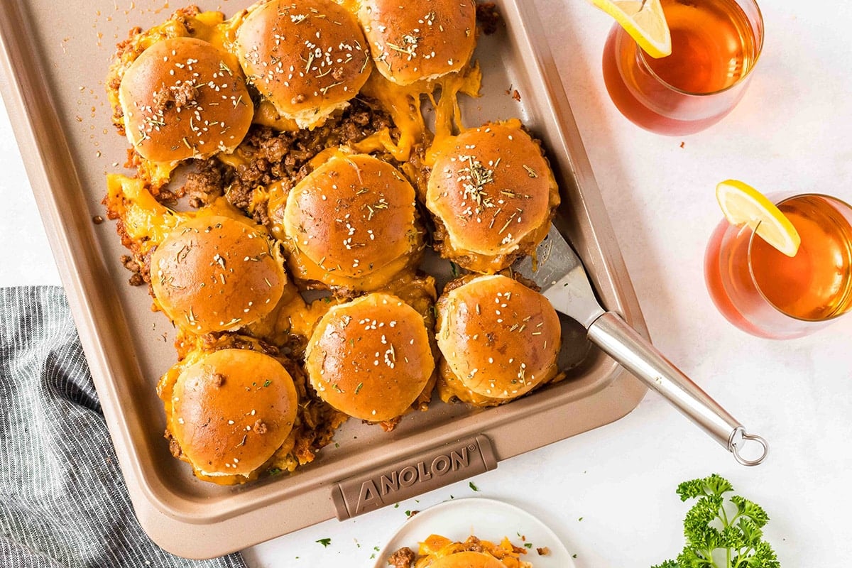 overhead shot of sheet pan of sloppy joe sliders