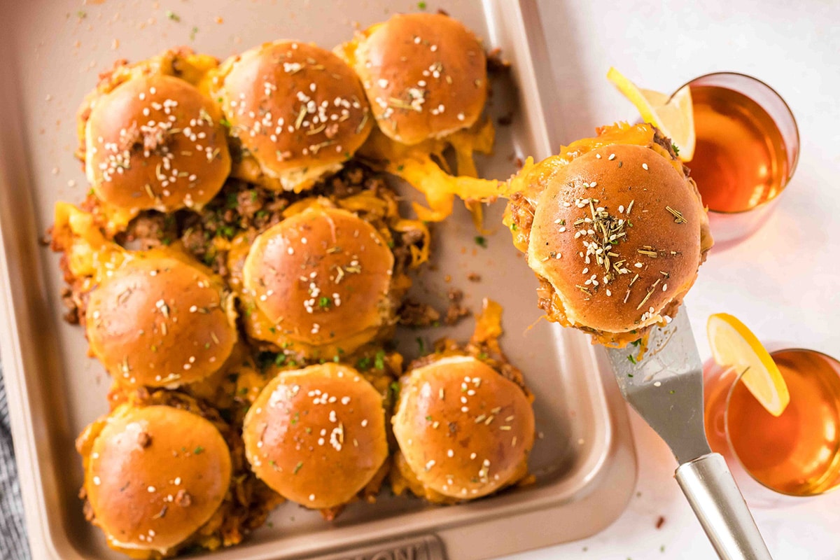 overhead shot of spatula with sloppy joe slider