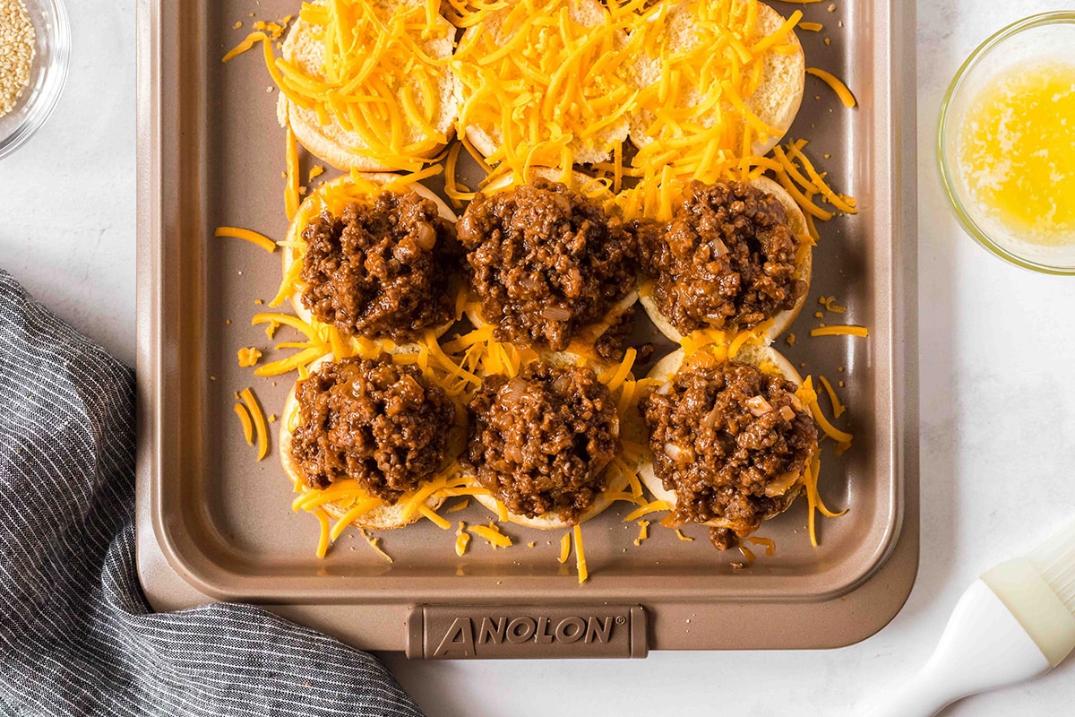 overhead shot of sloppy joe meat on slider buns