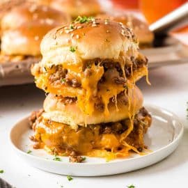 plate with stack of two sloppy joe sliders
