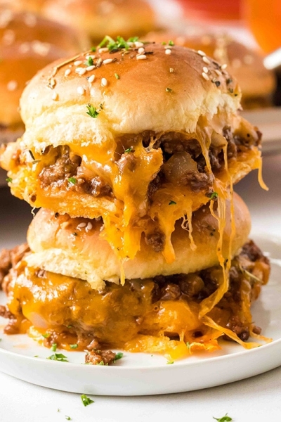 plate with stack of two sloppy joe sliders