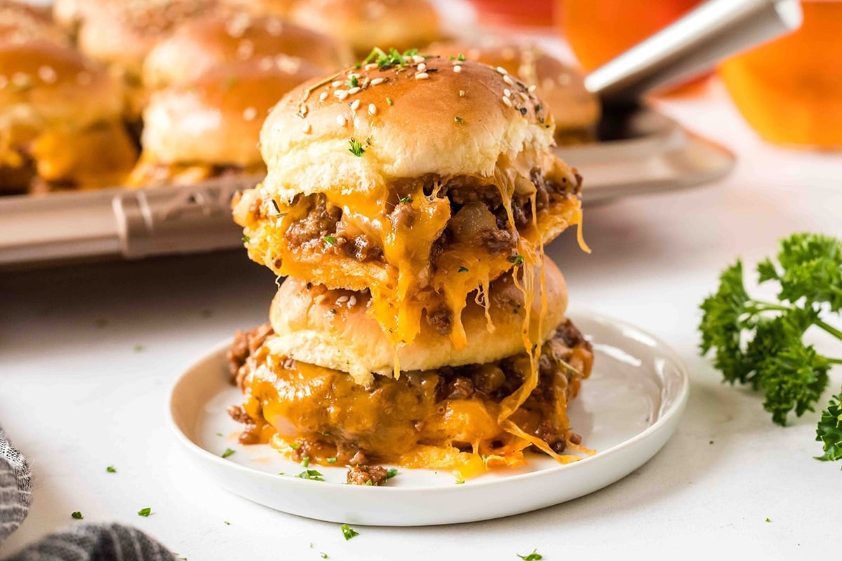 plate with stack of two sloppy joe sliders