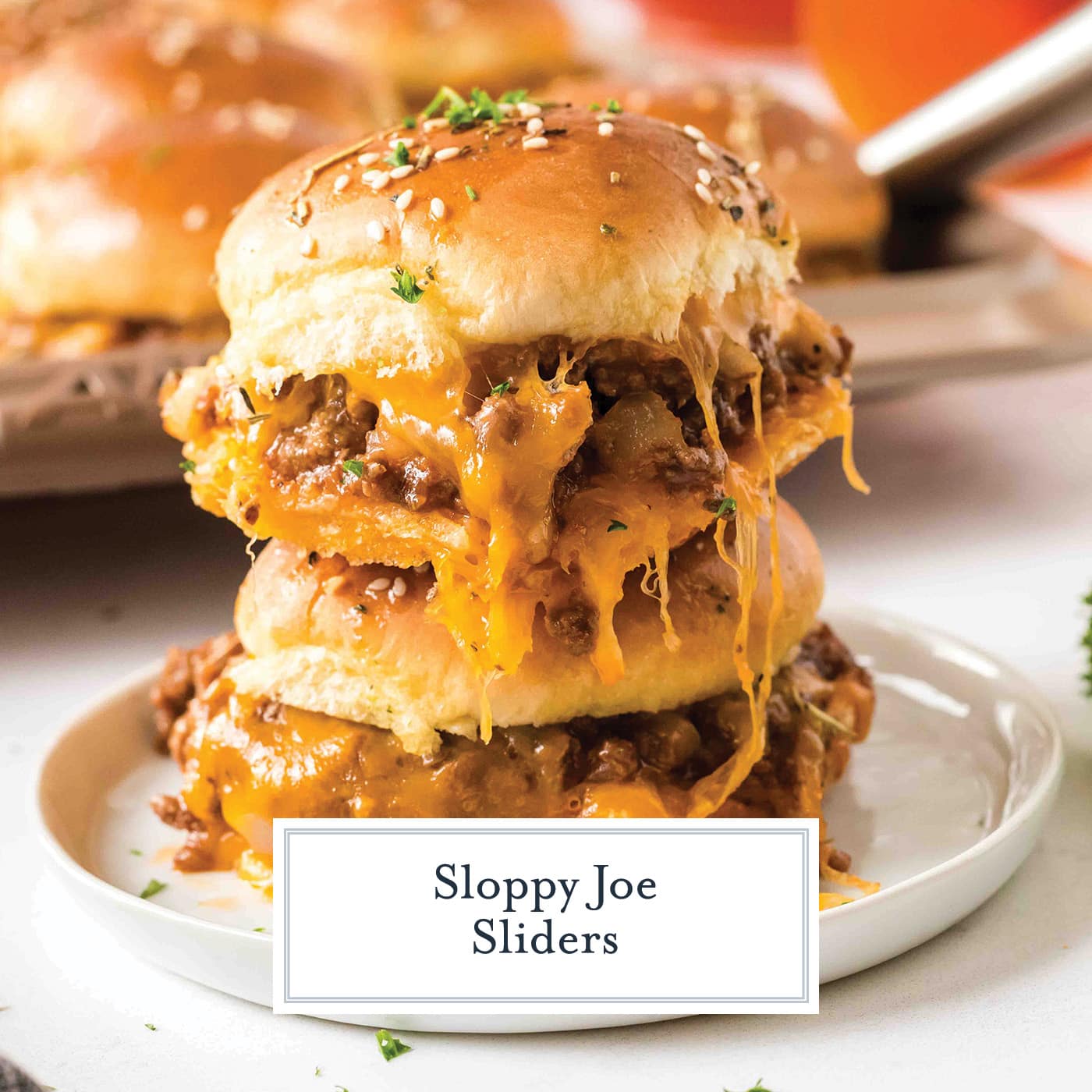 stack of two sloppy joe sliders with text overlay for facebook