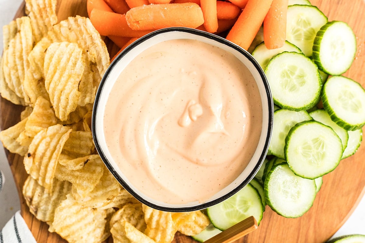 overhead shot of bowl of sriracha aioli