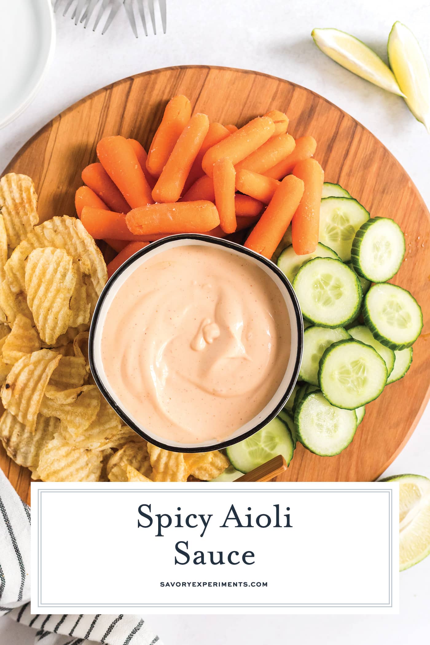 overhead shot of bowl of spicy aioli with text overlay for pinterest