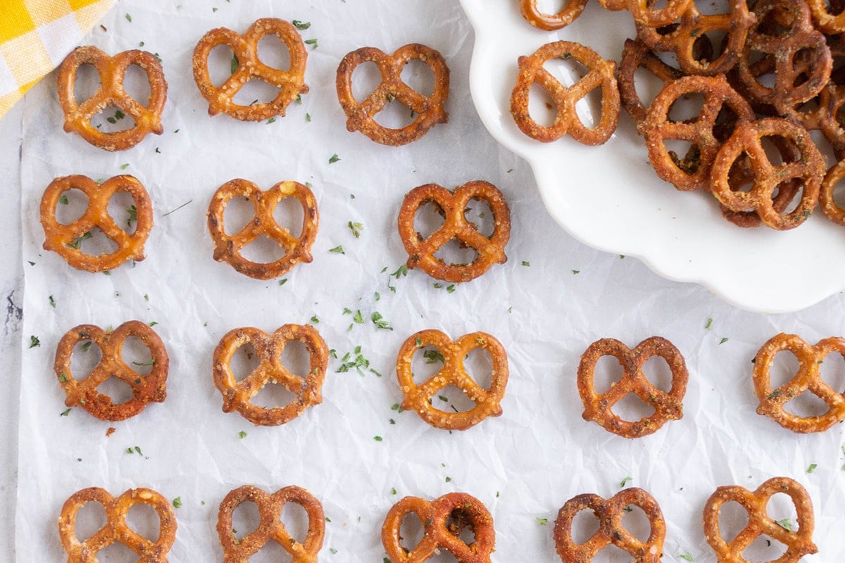 spicy ranch pretzels laid on parchment paper