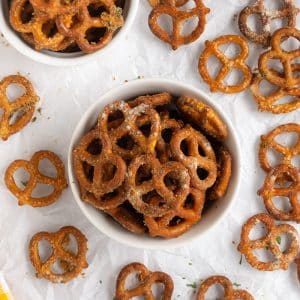 overhead shot of bowl of seasoned pretzels