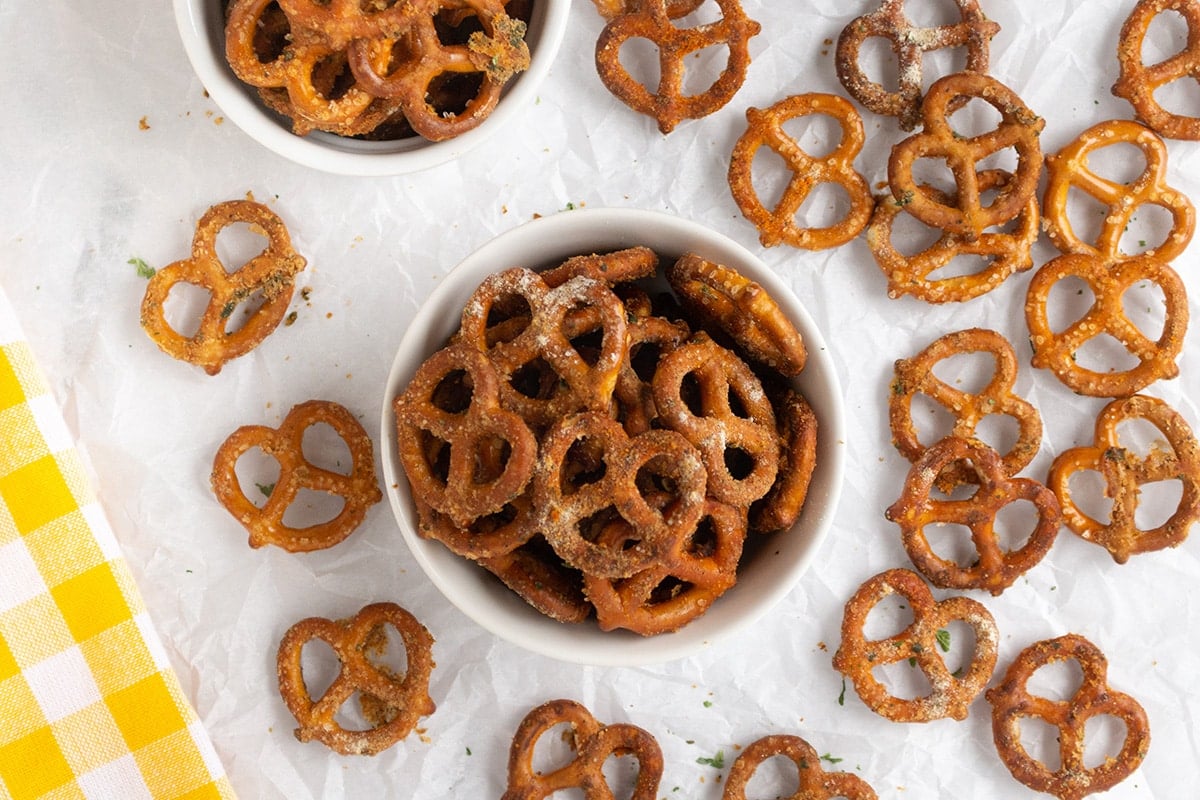 overhead shot of bowl of seasoned pretzels