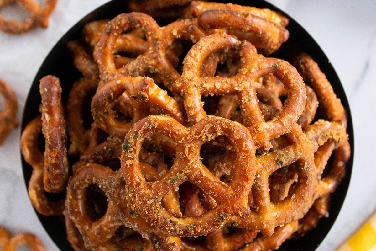 close up of bowl of spicy ranch pretzels