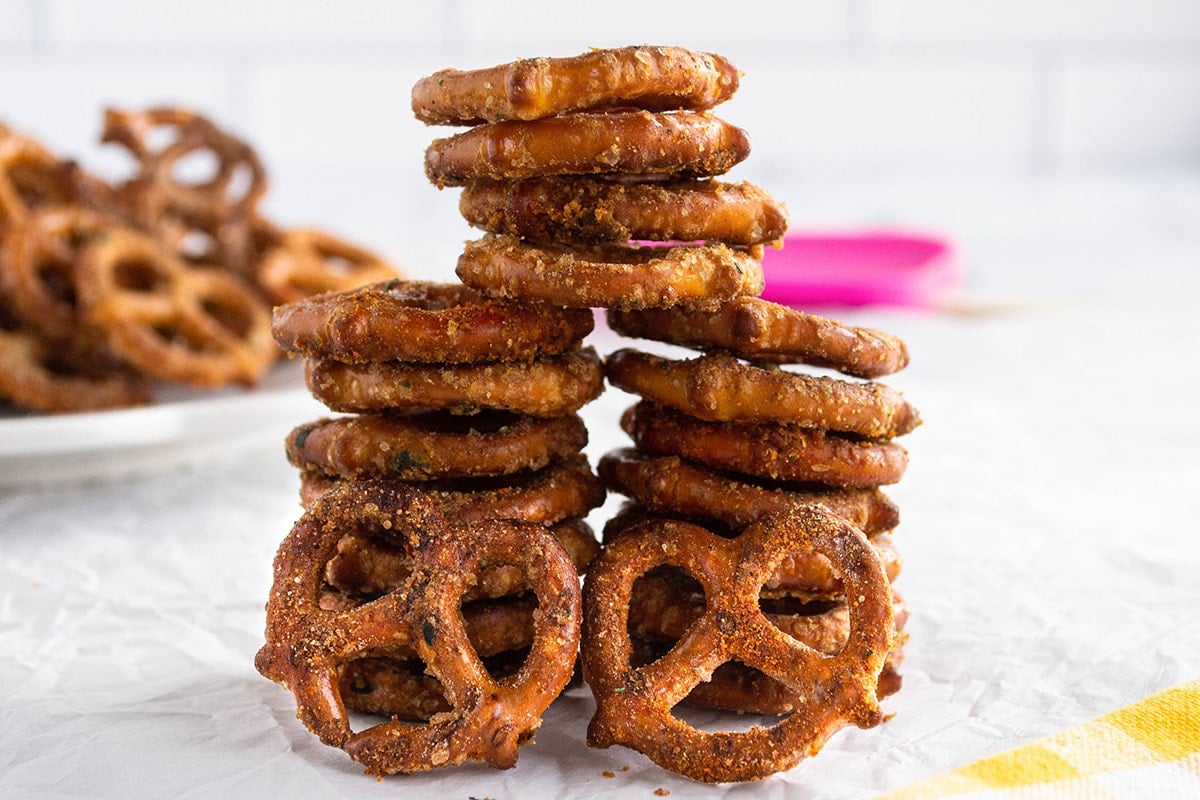 straight on shot of stack of seasoned pretzels