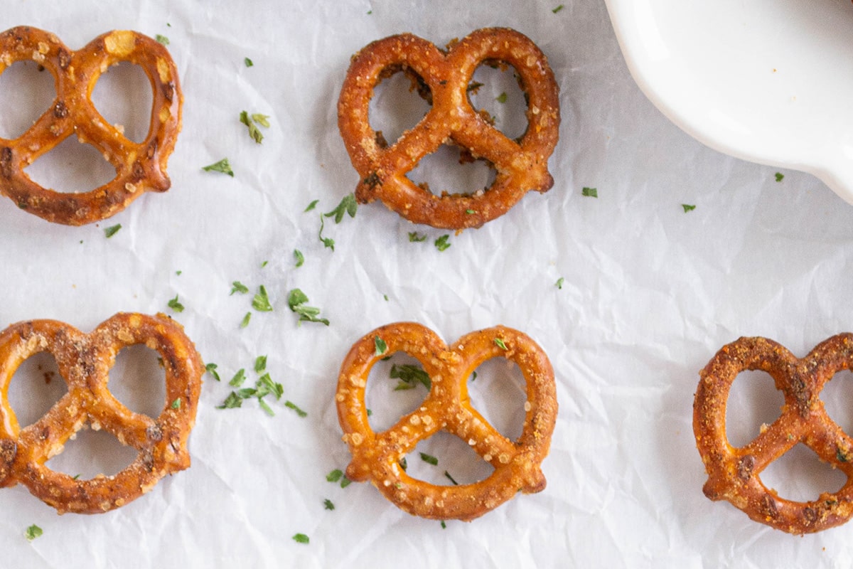 close up of pretzels on parchment paper