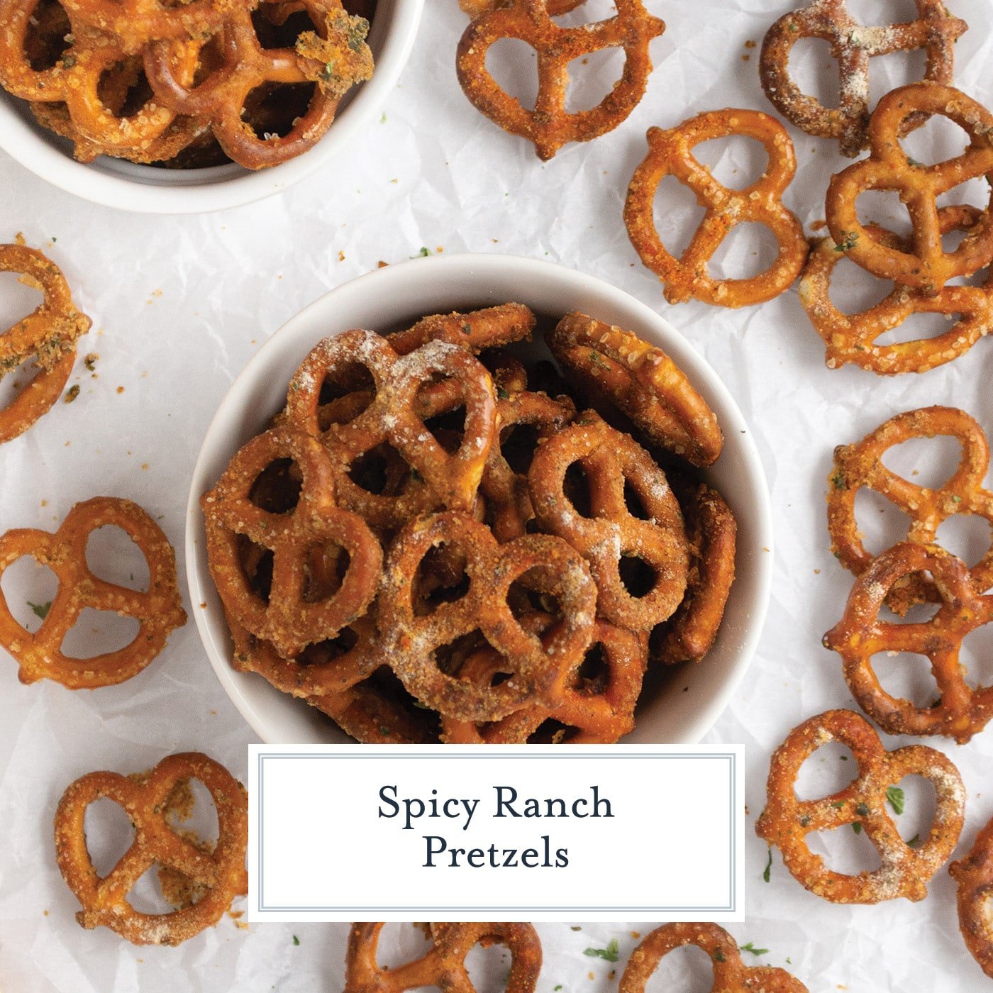 overhead shot of bowl of spicy ranch pretzels with text overlay for facebook