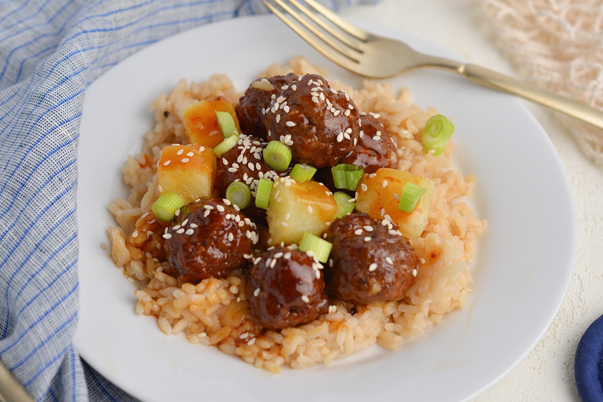 angled shot of bowl of teriyaki meatballs with rice