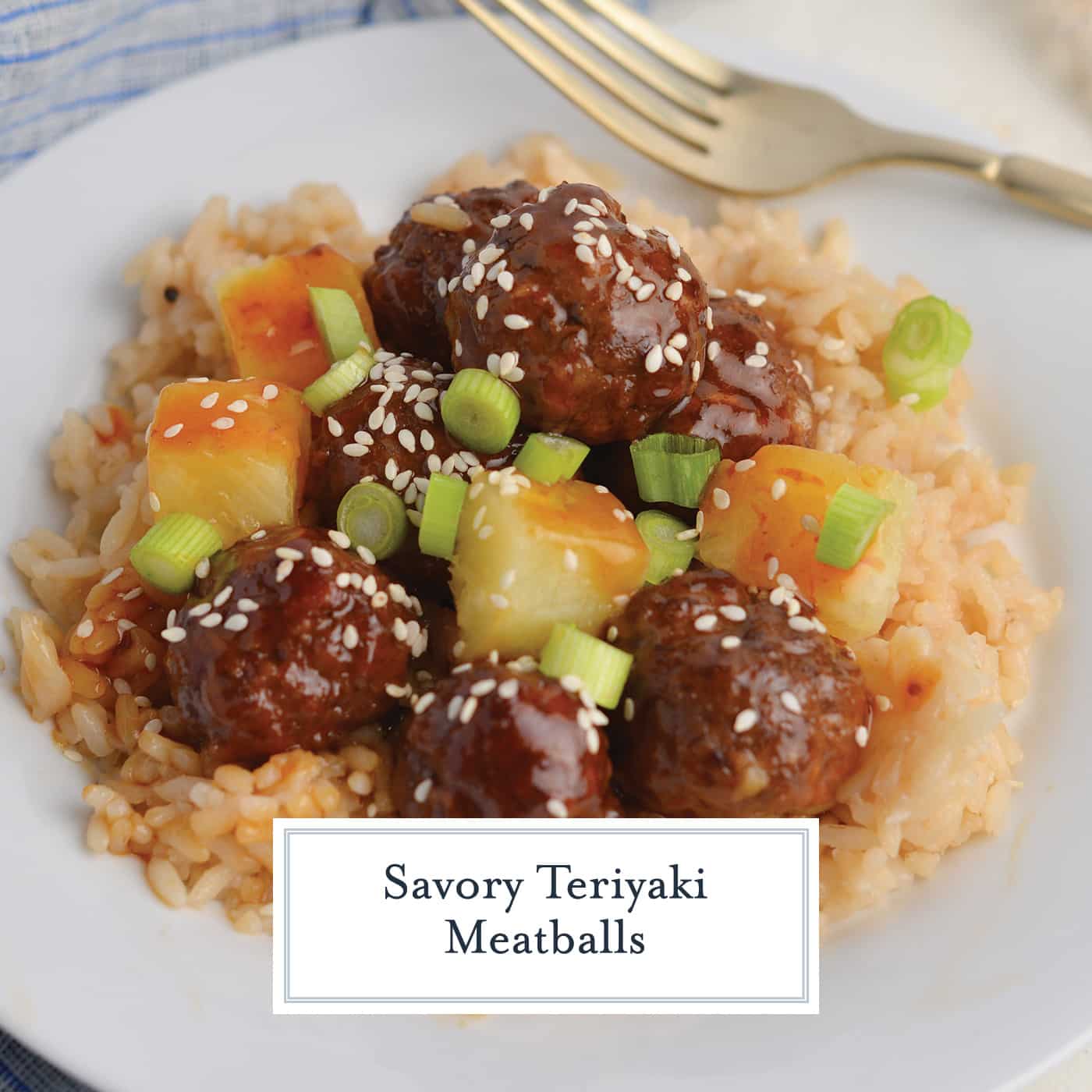 teriyaki meatballs over rice with text overlay for facebook