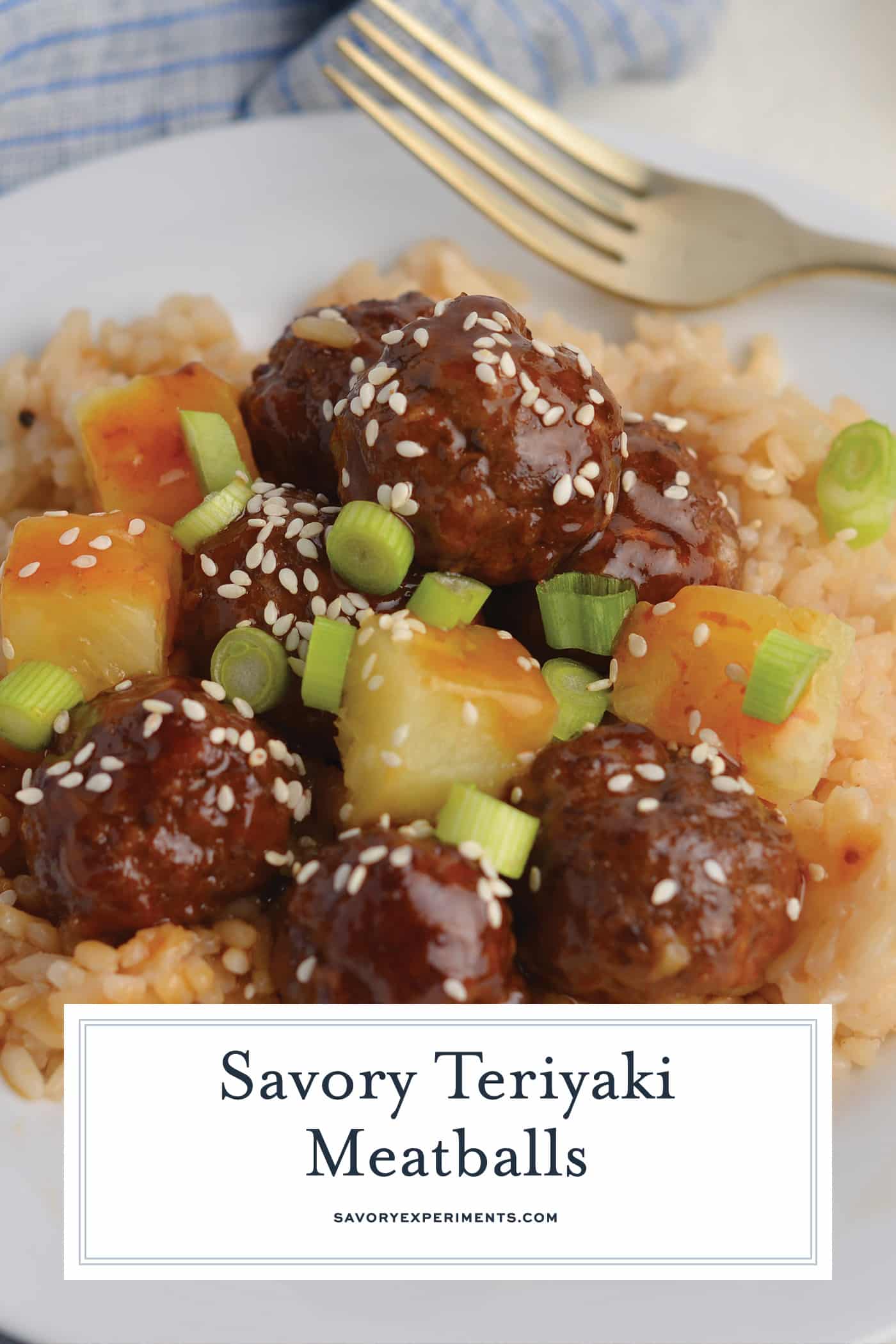 teriyaki meatballs over rice with text overlay for pinterest