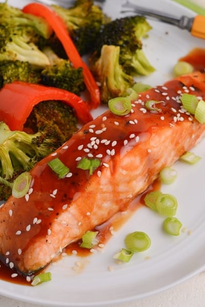 angle piece of teriyaki salmon with sesame seeds and scallions