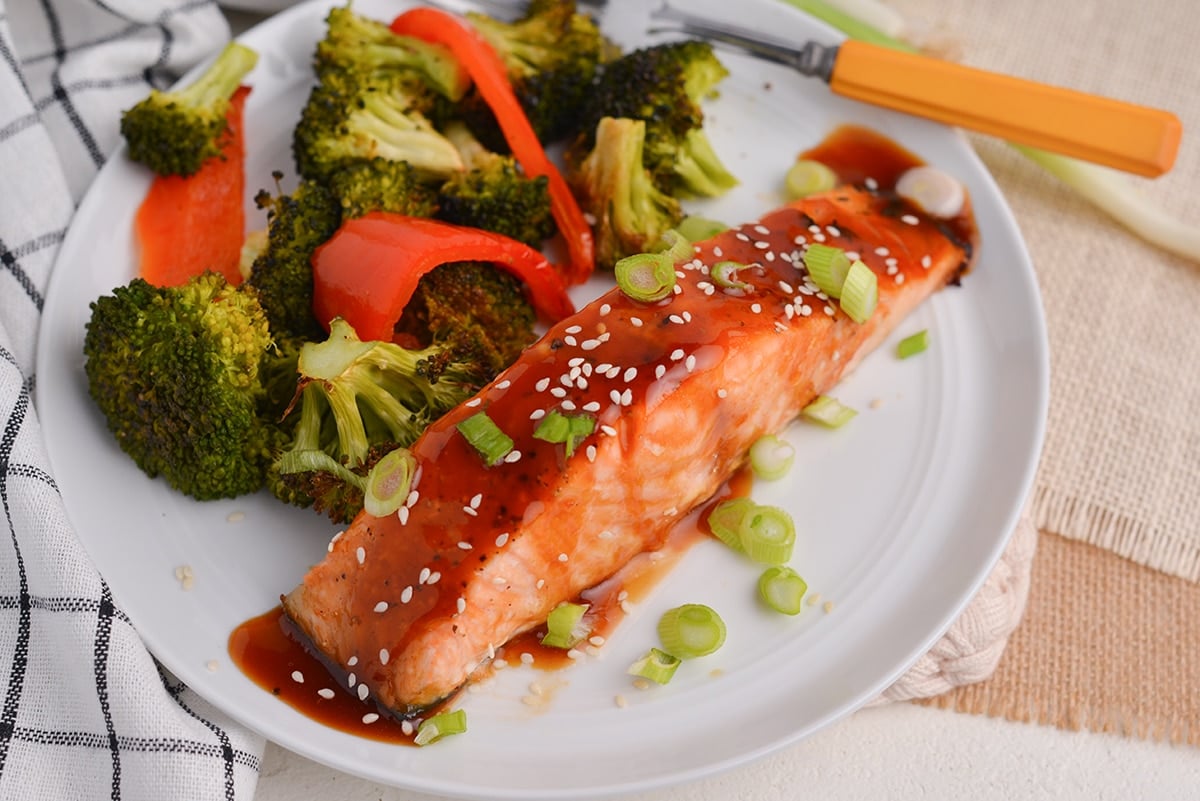 angle piece of teriyaki salmon with sesame seeds and scallions