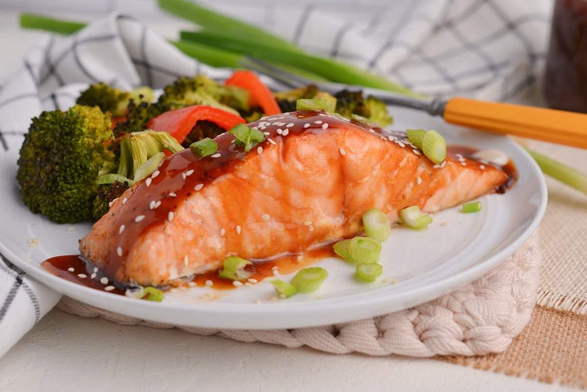 cross view of salmon with teriyaki sauce