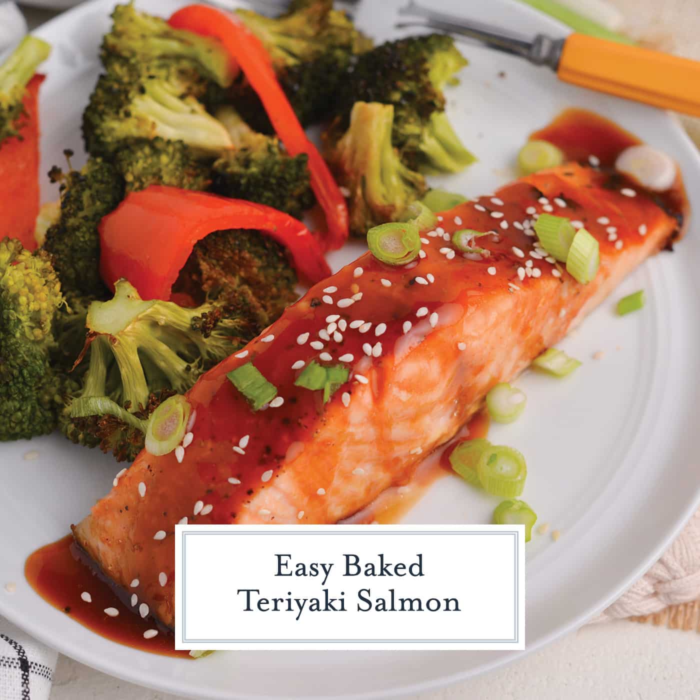 baked salmon teriyaki on a plate with text overlay for facebook