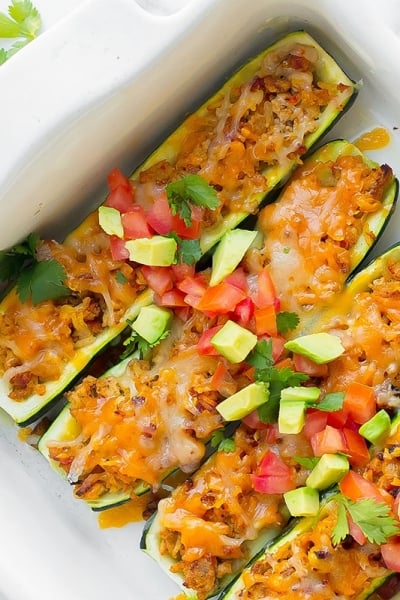 diagonal shot of zucchini taco boats