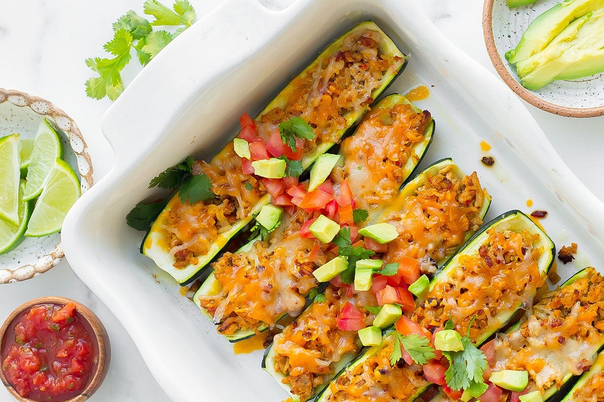 diagonal shot of zucchini taco boats