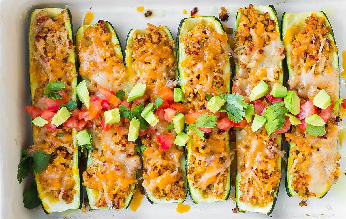 overhead shot of zucchini taco boats