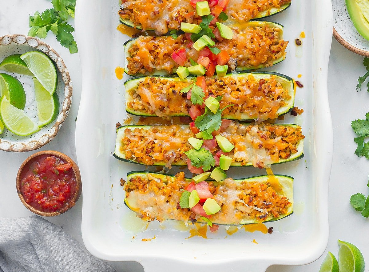 zucchini taco boats in a baking dish