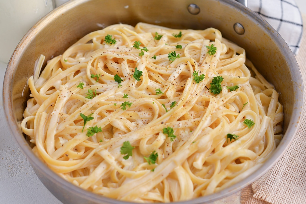 fettuccine alfredo in a skillet