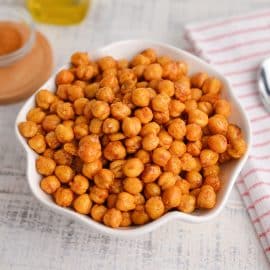 angled shot of bowl of air fryer chickpeas