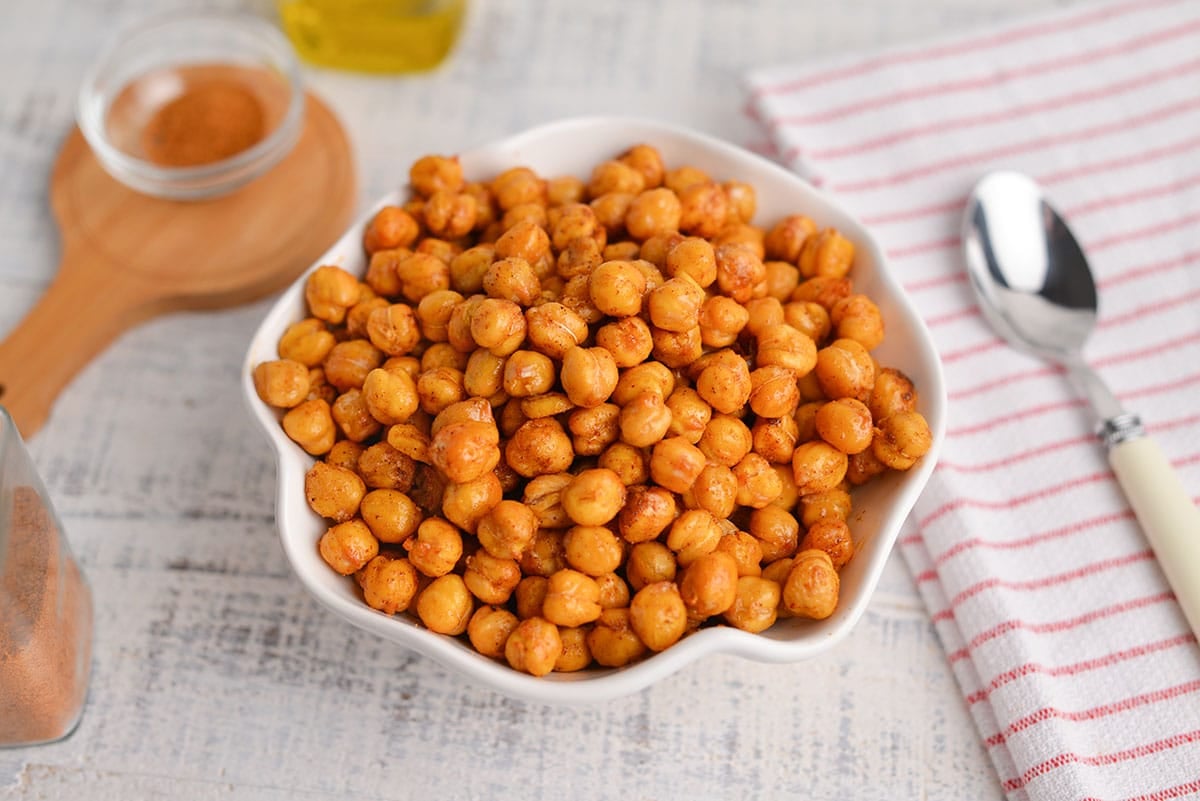 angled shot of bowl of air fryer chickpeas